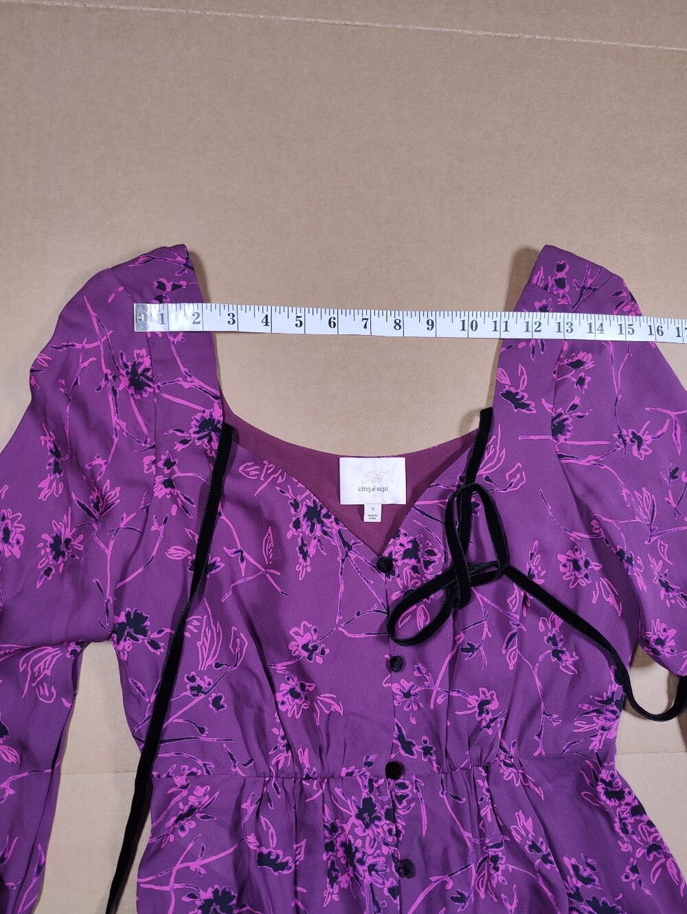 Cinq A Sept Mable Purple Floral 100% Silk Bell Sleeve Blouse Black Ties Size S - Picture 5 of 8